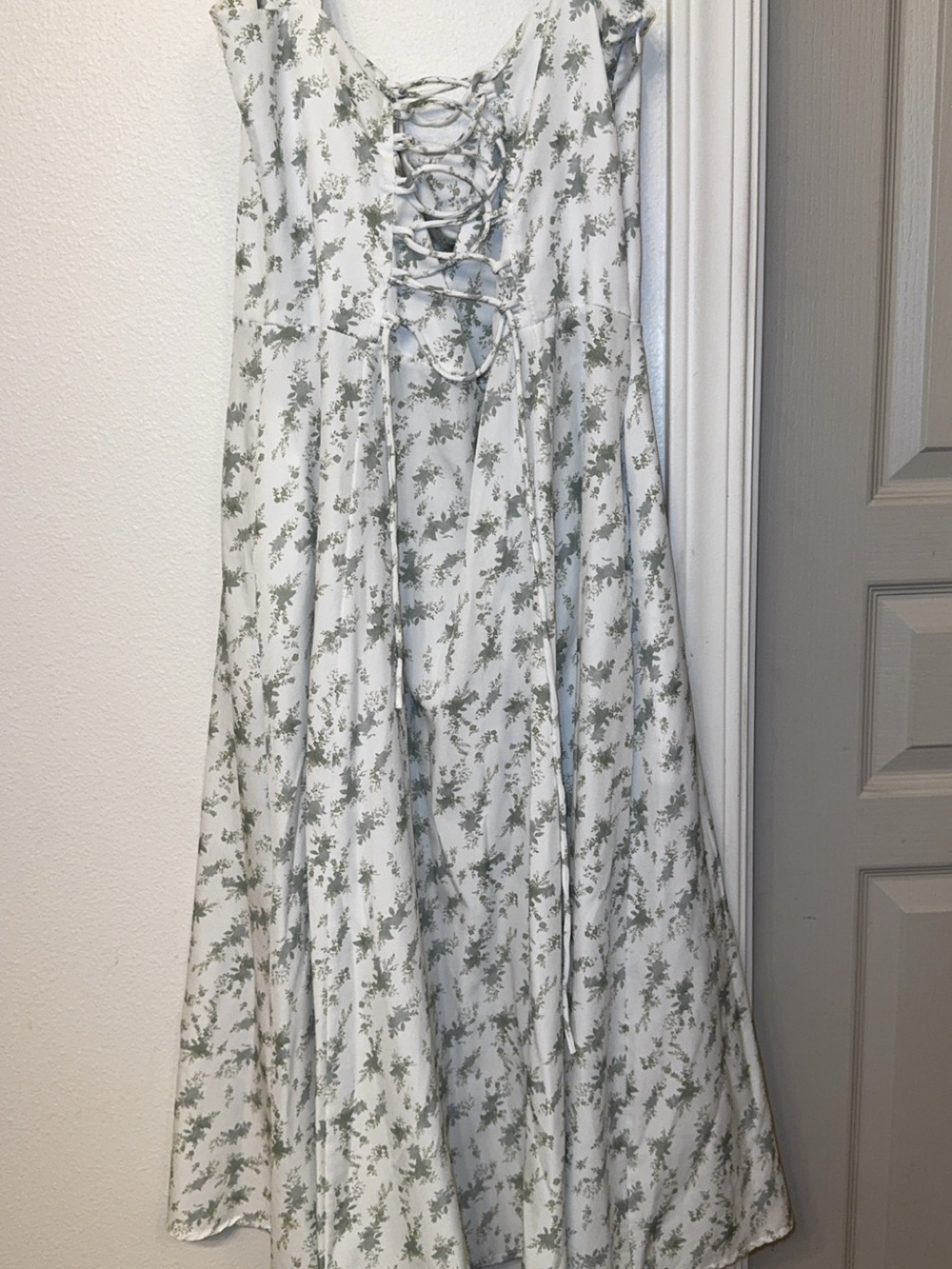 Lace-Up White Maxi Dress with Sage Floral Print